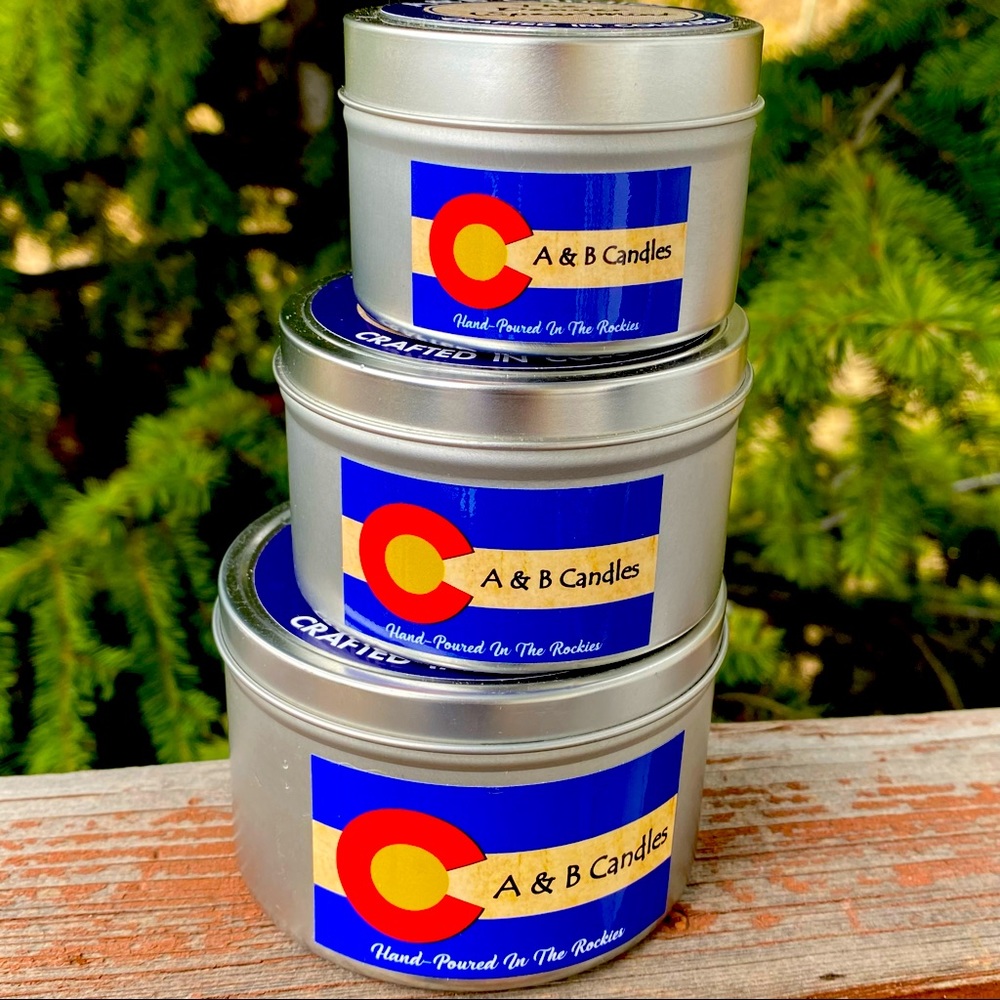 Hand-poured candles, made in Colorado! Custom fragrances available in 3 sizes.